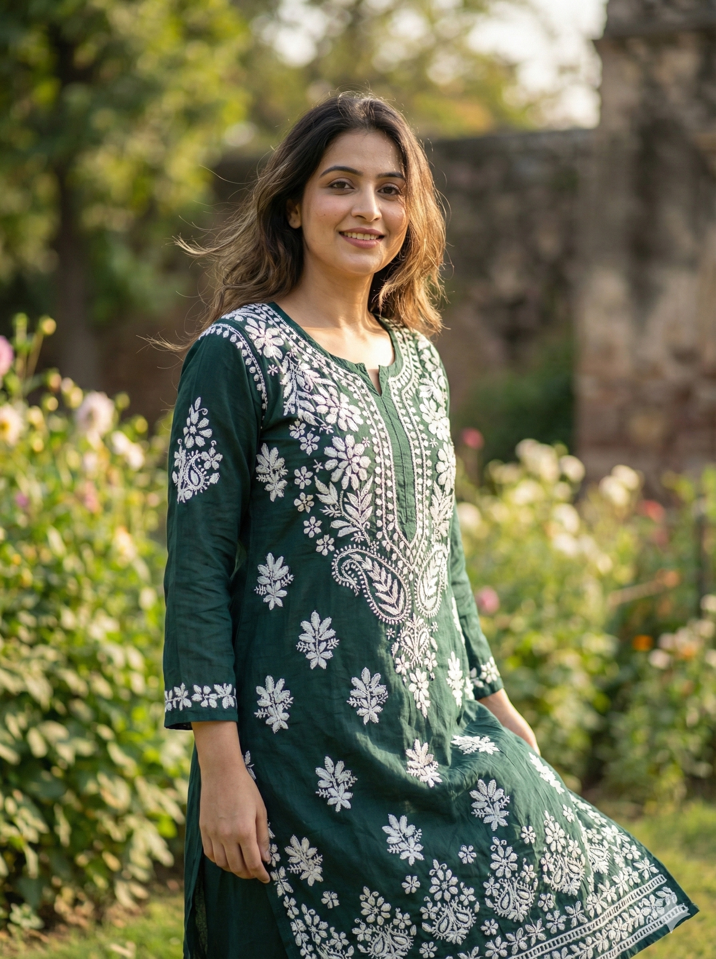 Dark Green Lucknowi Chikankari Hand-Embroidered Straight Kurti (Modal Fabric)