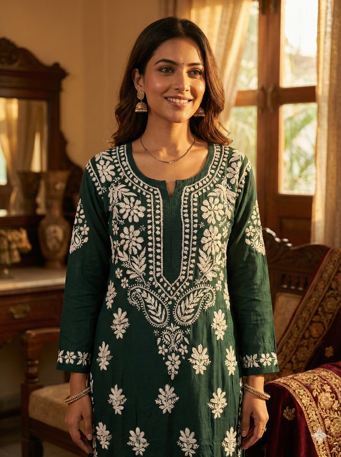 Dark Green Lucknowi Chikankari Hand-Embroidered Straight Kurti (Modal Fabric)