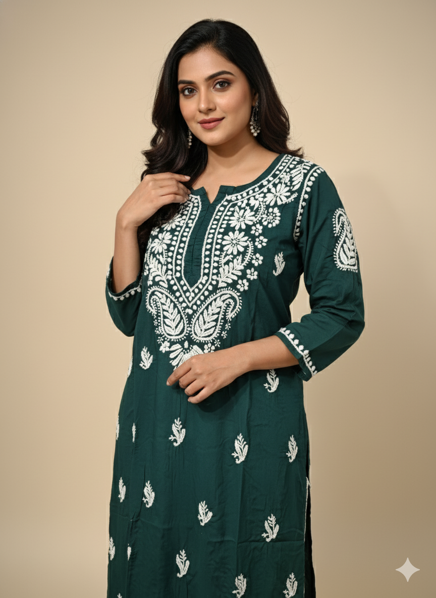 Handcrafted Dark Green Chikankari Kurti with Exquisite White Embroidery