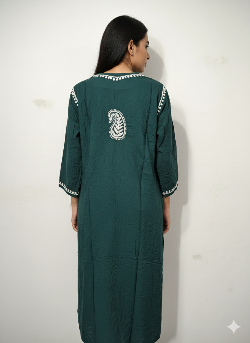 Handcrafted Dark Green Chikankari Kurti with Exquisite White Embroidery