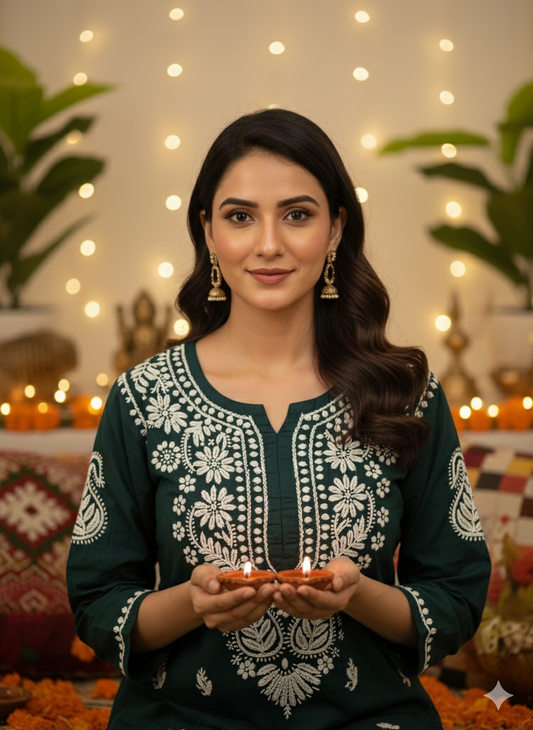 Handcrafted Dark Green Chikankari Kurti with Exquisite White Embroidery