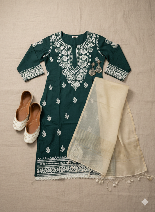 Dark green Chikankari kurti embroidery close up
