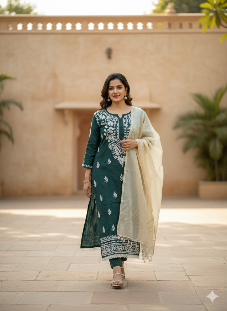 Handcrafted Dark Green Chikankari Kurti with Exquisite White Embroidery