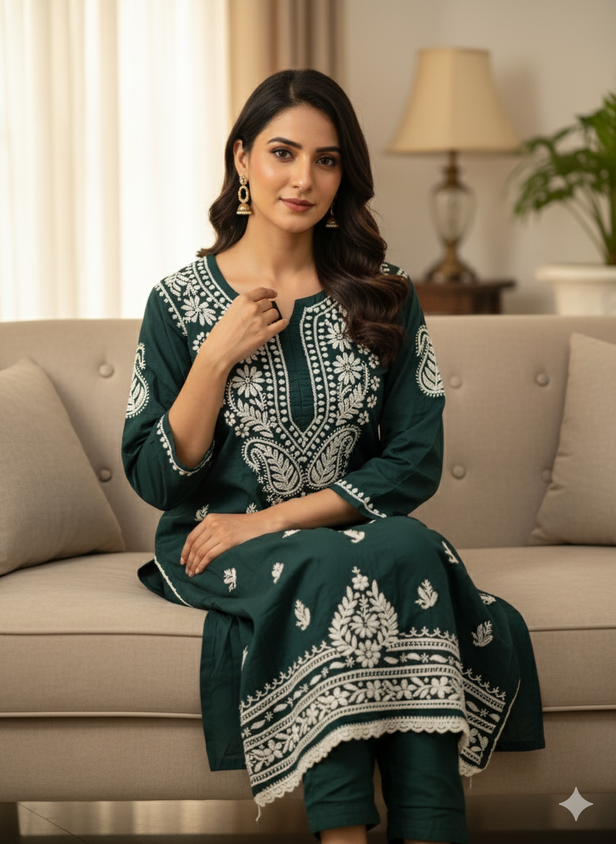 Handcrafted Dark Green Chikankari Kurti with Exquisite White Embroidery