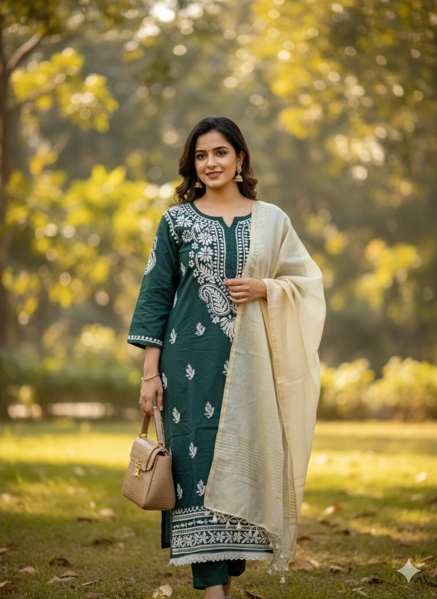 Handcrafted Dark Green Chikankari Kurti with Exquisite White Embroidery