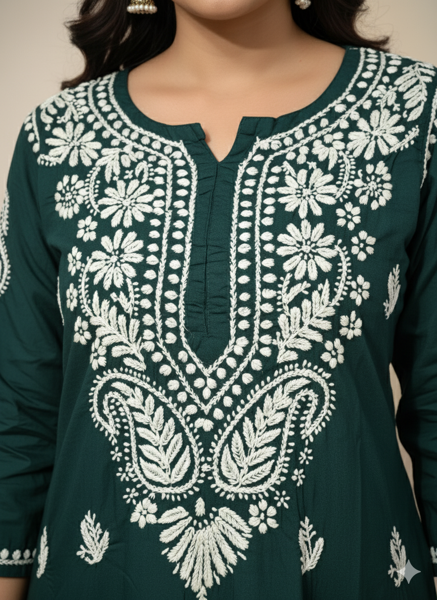 Handcrafted Dark Green Chikankari Kurti with Exquisite White Embroidery