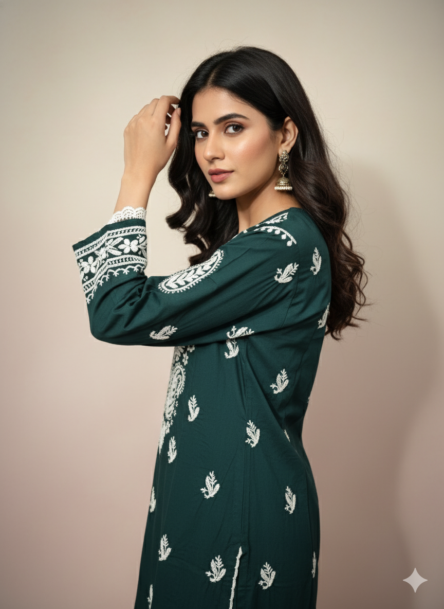 Handcrafted Dark Green Chikankari Kurti with Exquisite White Embroidery