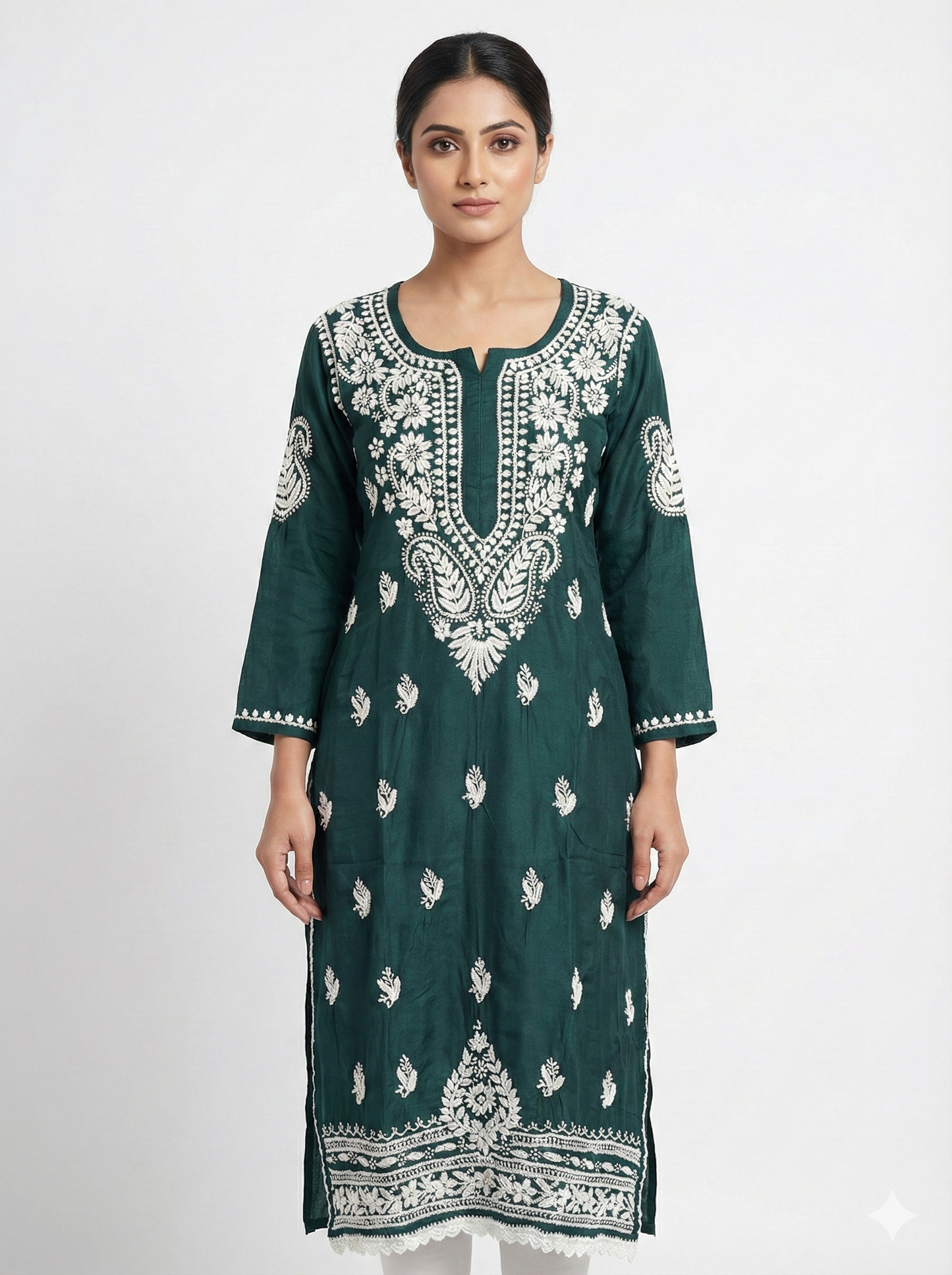 Dark Green Modal Lucknowi Chikankari Kurti for Women | Hand-Embroidered Straight Fit