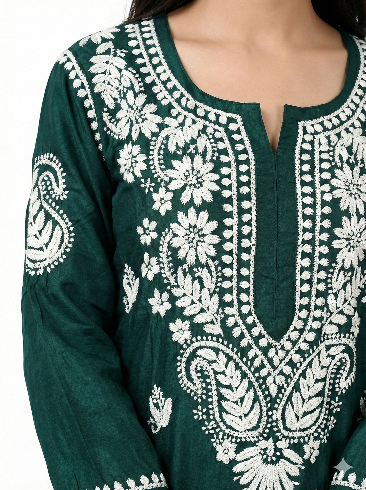 Dark Green Modal Lucknowi Chikankari Kurti for Women | Hand-Embroidered Straight Fit