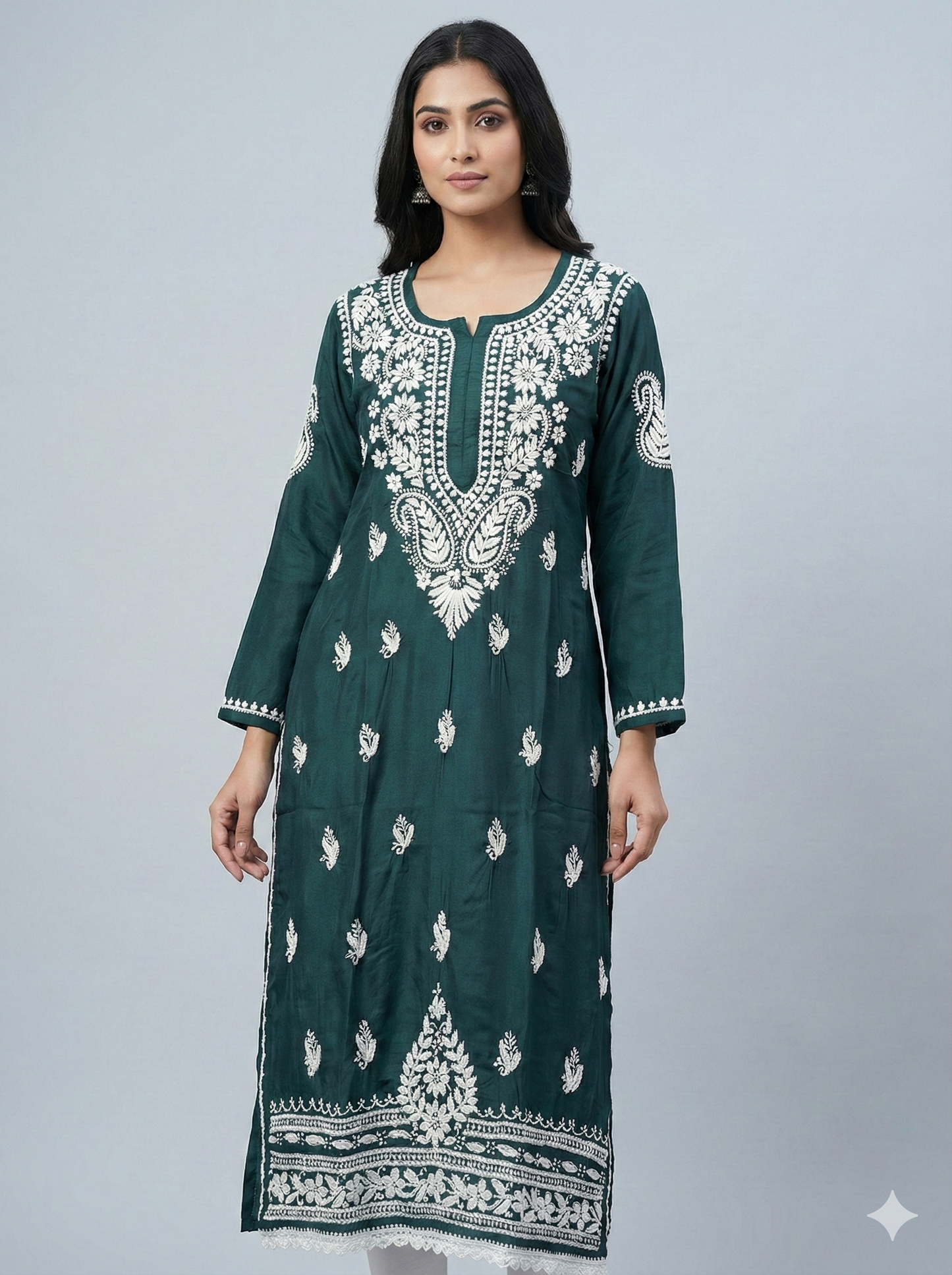 Dark Green Modal Lucknowi Chikankari Kurti for Women | Hand-Embroidered Straight Fit
