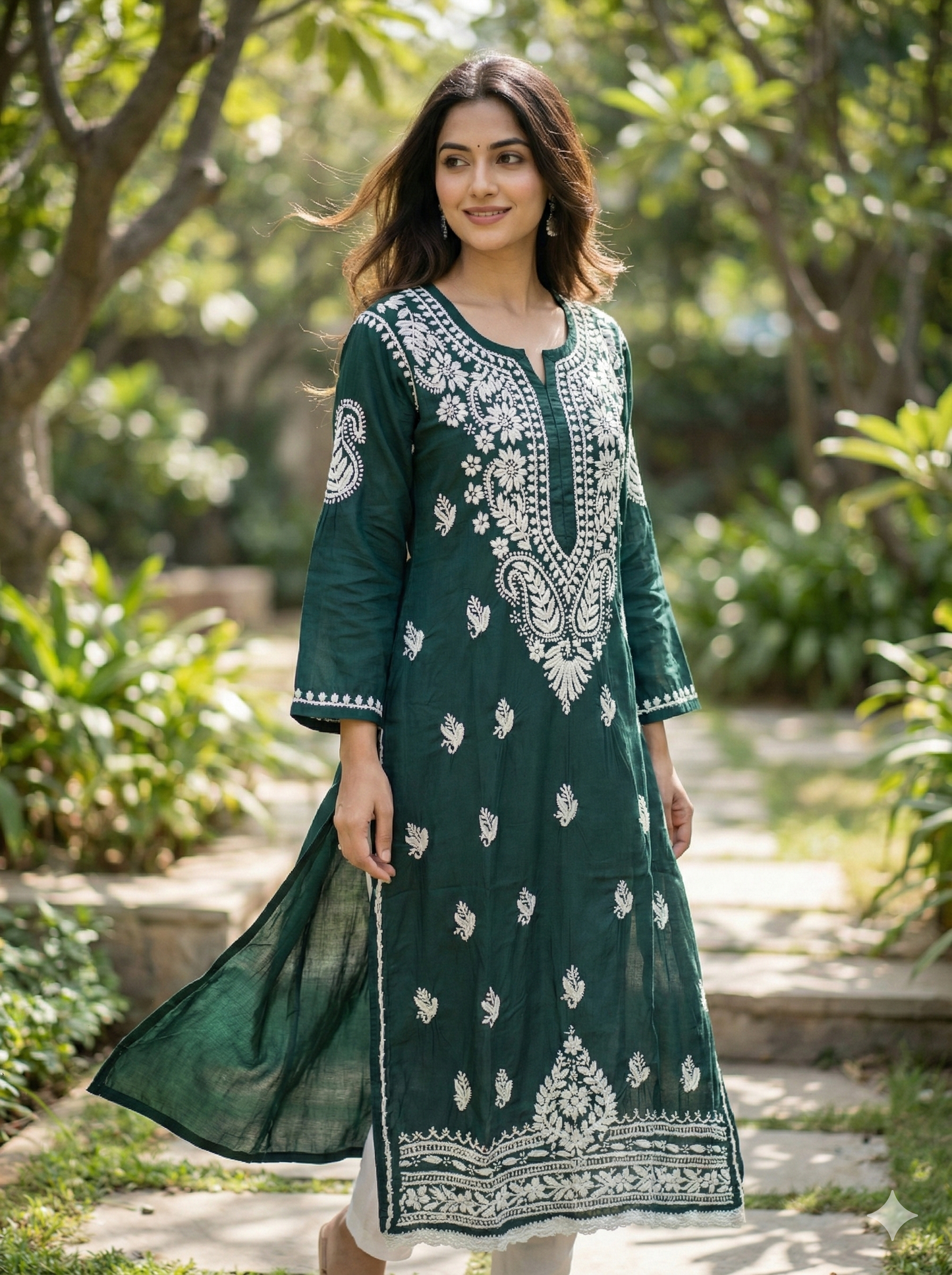 Dark Green Modal Lucknowi Chikankari Kurti for Women | Hand-Embroidered Straight Fit