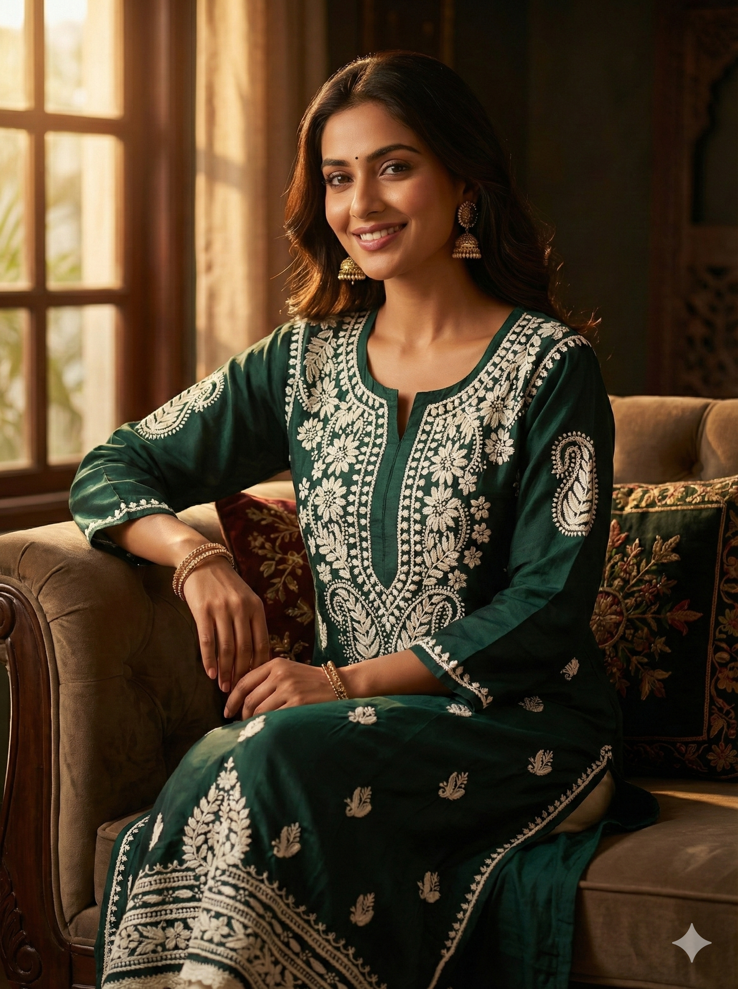 Dark Green Modal Lucknowi Chikankari Kurti for Women | Hand-Embroidered Straight Fit