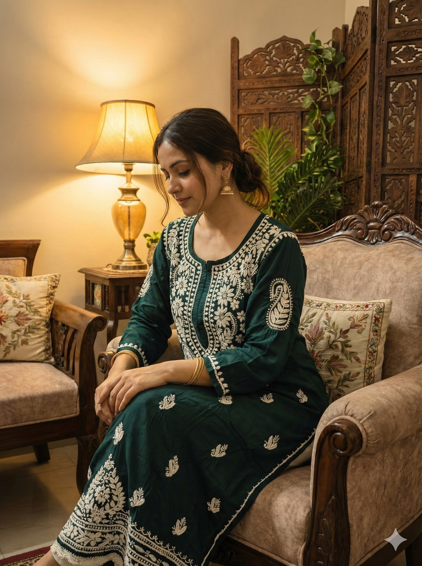 Dark Green Modal Lucknowi Chikankari Kurti for Women | Hand-Embroidered Straight Fit