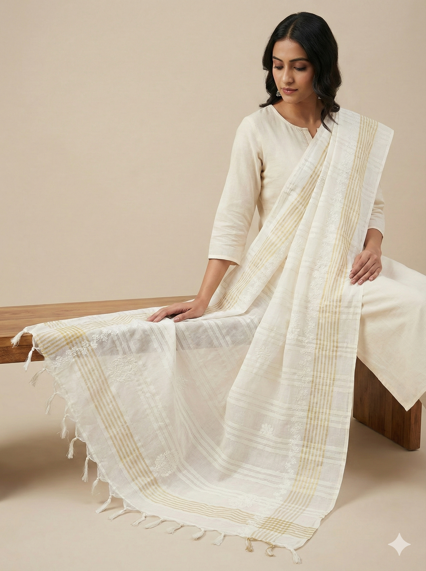 White Cotton Lucknowi Chikankari Dupatta with Hand Embroidery & Tassels