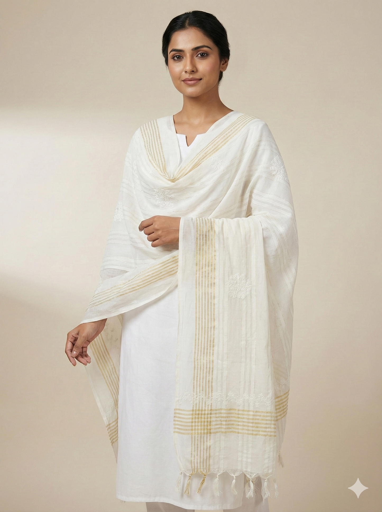 White Cotton Lucknowi Chikankari Dupatta with Hand Embroidery & Tassels