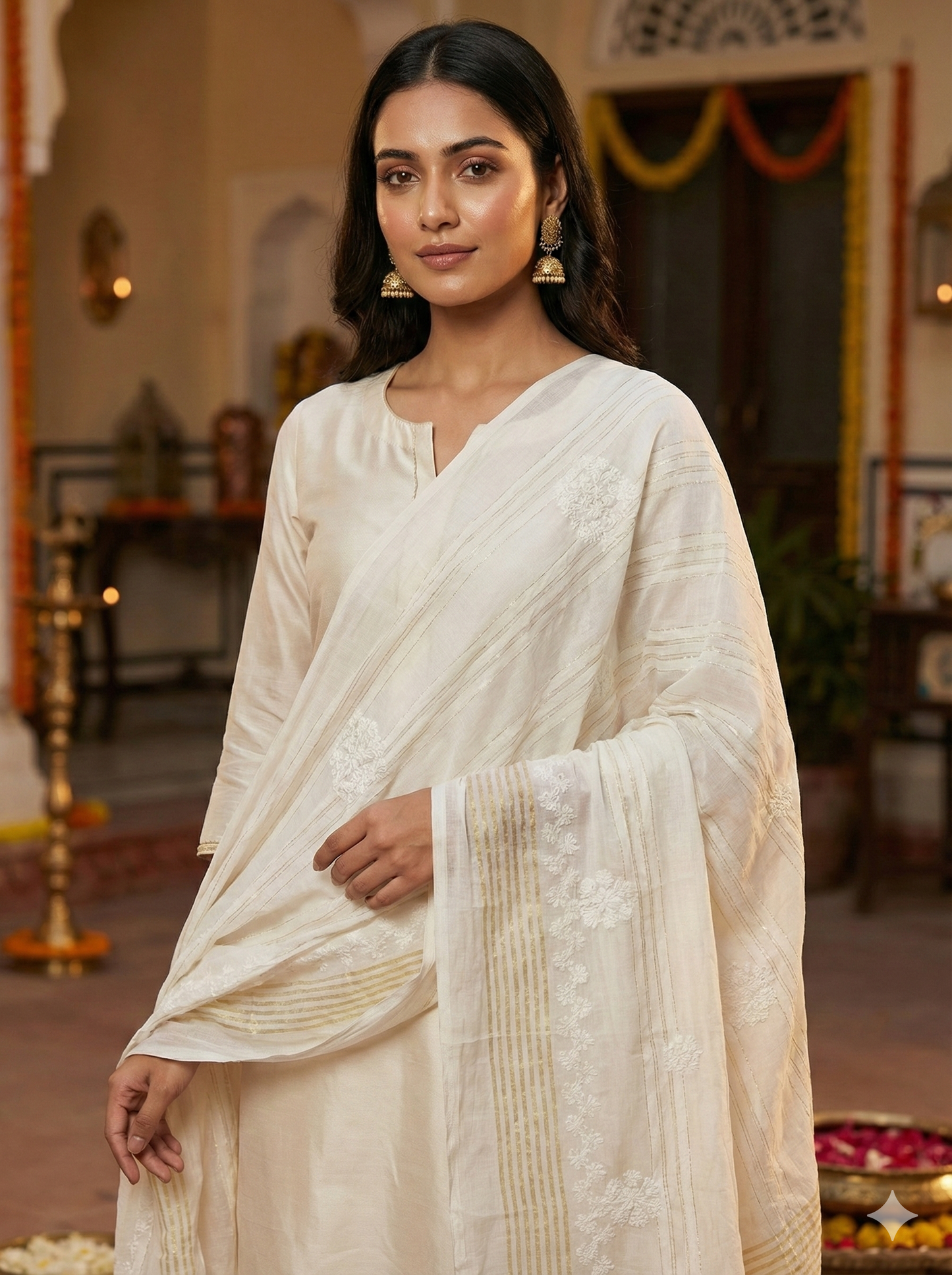 White Cotton Lucknowi Chikankari Dupatta with Hand Embroidery & Tassels