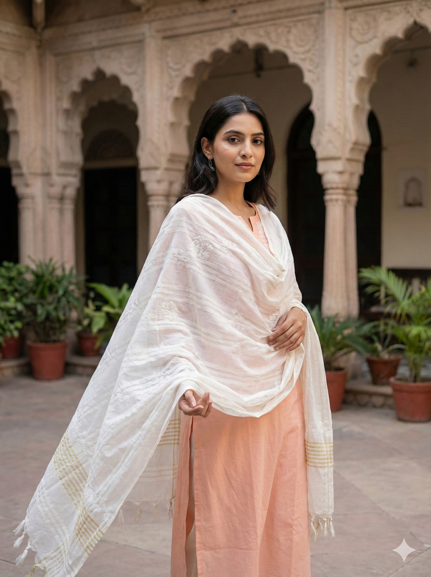 White Cotton Lucknowi Chikankari Dupatta with Hand Embroidery & Tassels