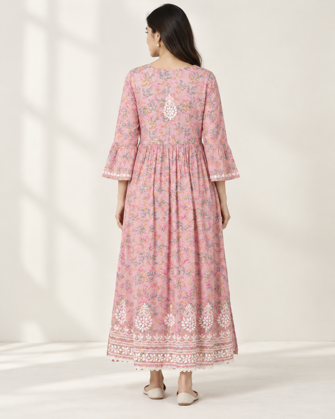 Dusty Rose Pink Floral Malmal Chikankari Gown-Style Long Kurti