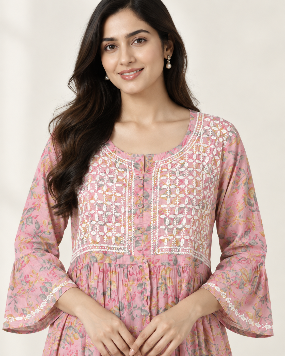 Dusty Rose Pink Floral Malmal Chikankari Gown-Style Long Kurti