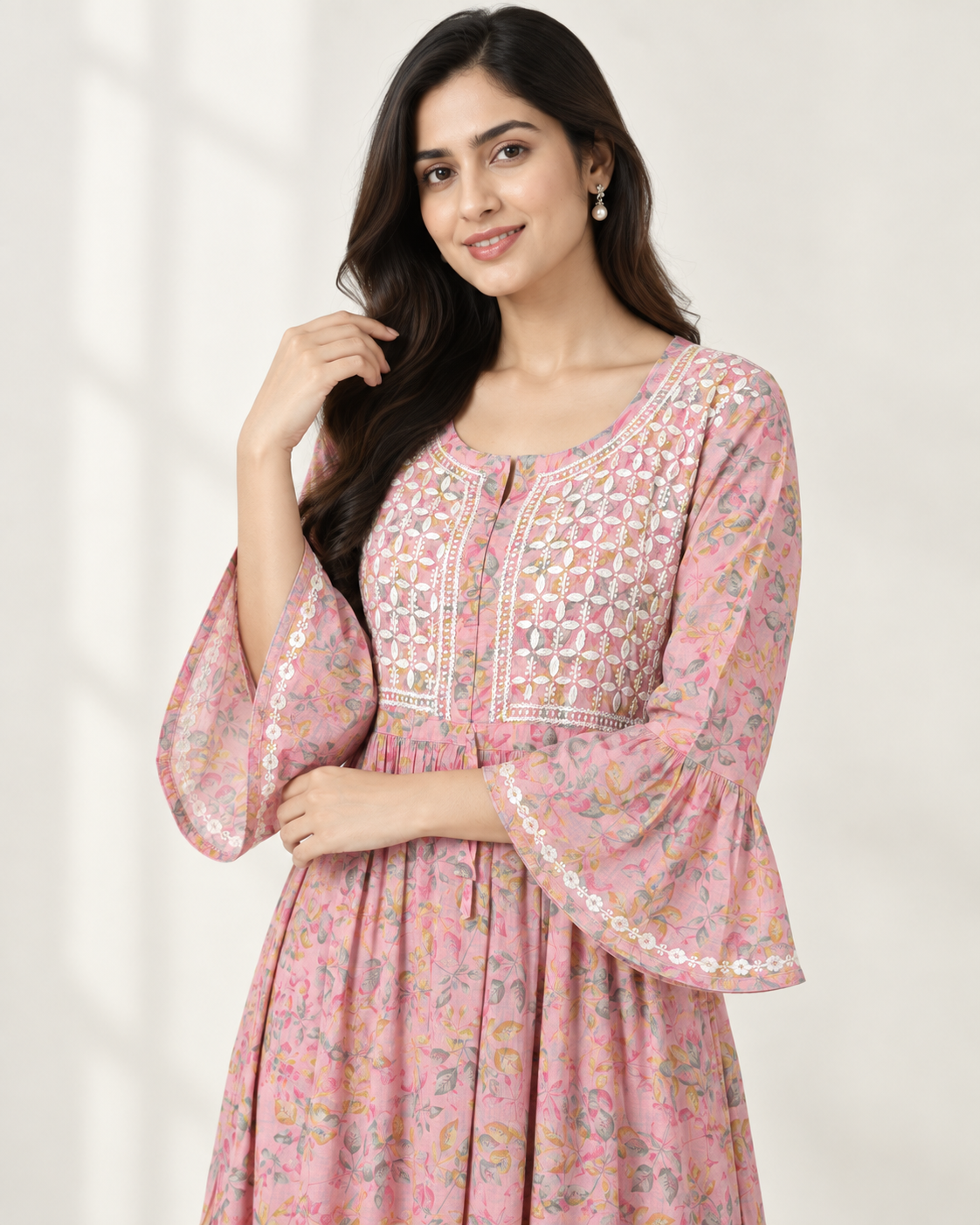 Dusty Rose Pink Floral Malmal Chikankari Gown-Style Long Kurti