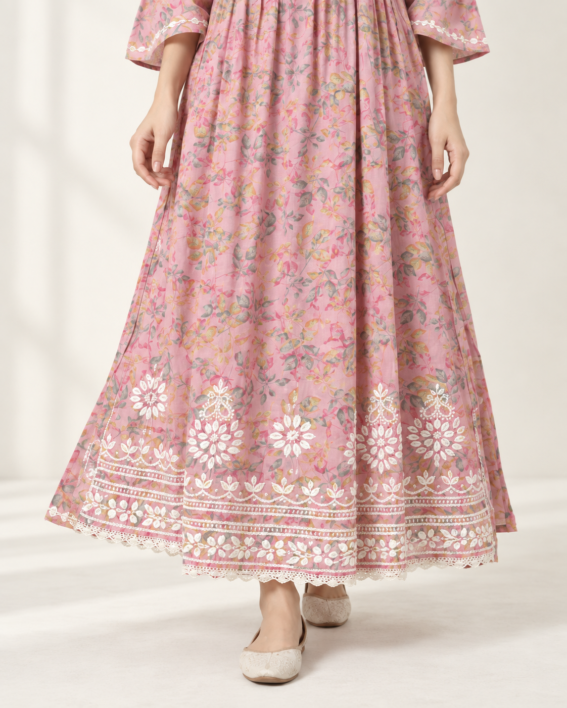 Dusty Rose Pink Floral Malmal Chikankari Gown-Style Long Kurti
