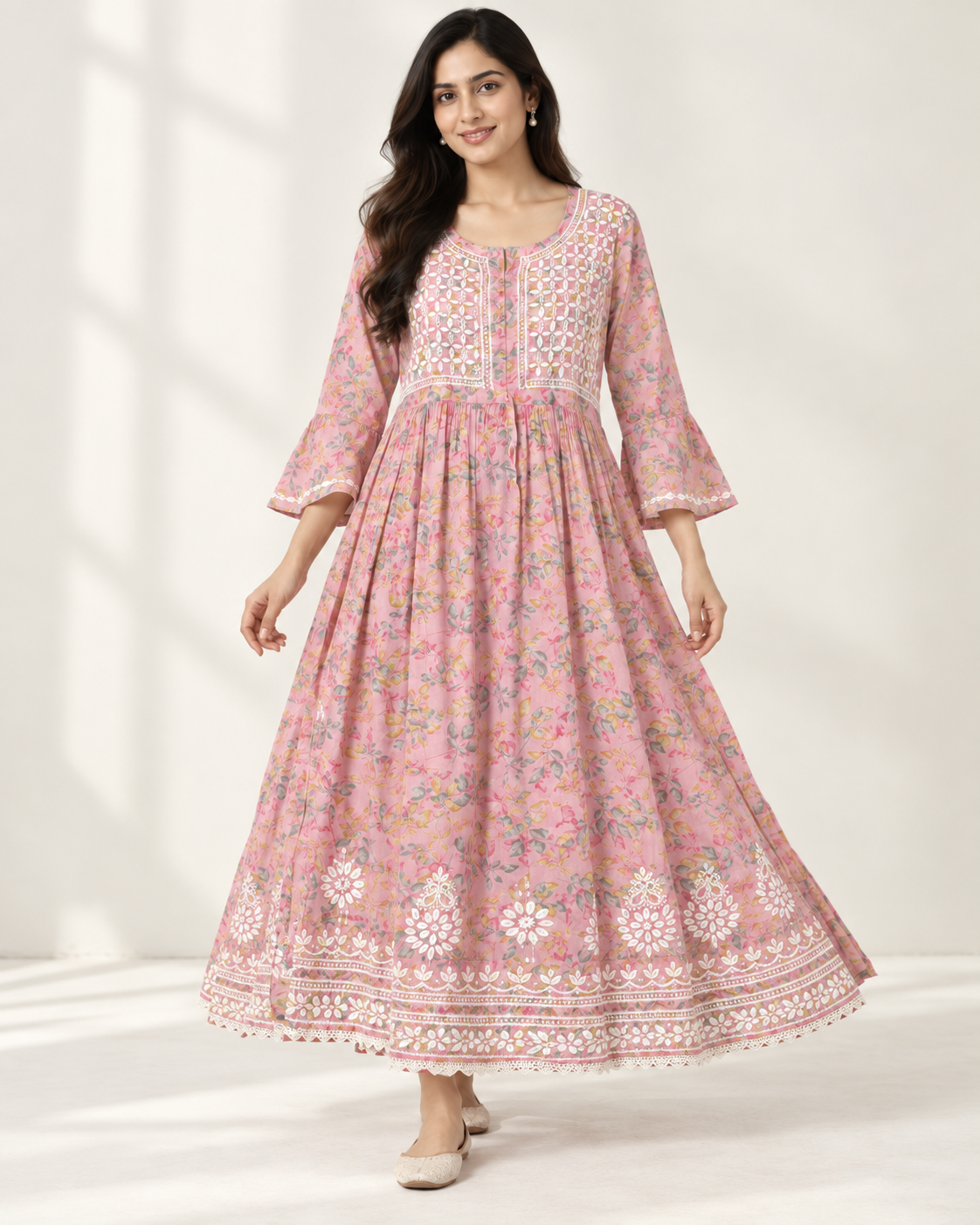 Dusty Rose Pink Floral Malmal Chikankari Gown-Style Long Kurti