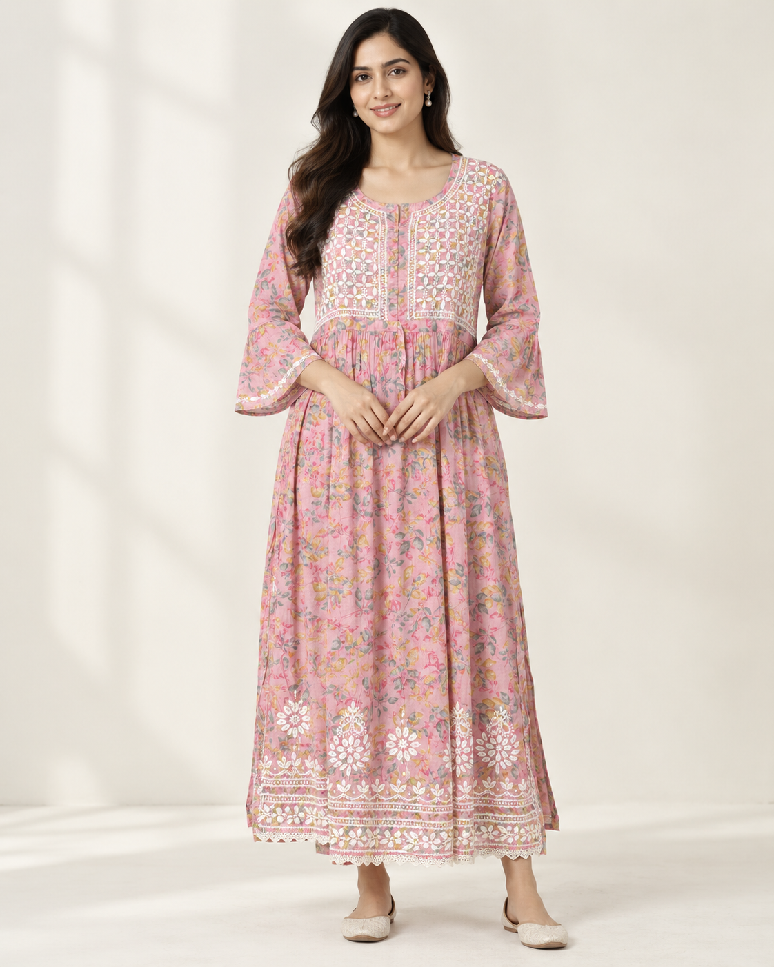 Dusty Rose Pink Floral Malmal Chikankari Gown-Style Long Kurti