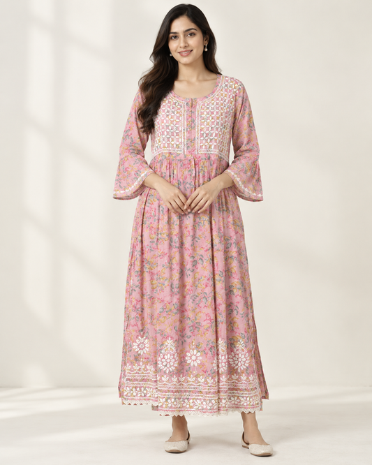 Dusty Rose Pink Floral Malmal Chikankari Gown-Style Long Kurti