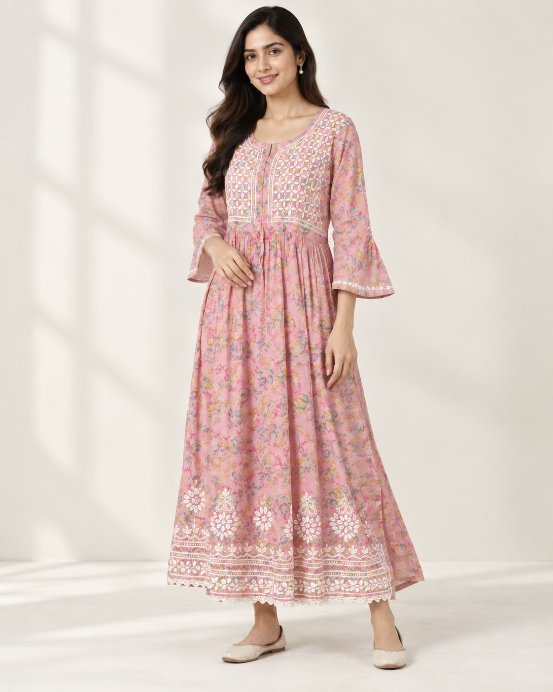 Dusty Rose Pink Floral Malmal Chikankari Gown-Style Long Kurti