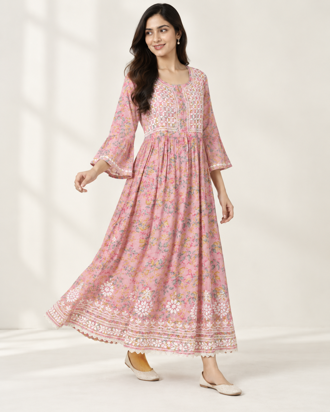 Dusty Rose Pink Floral Malmal Chikankari Gown-Style Long Kurti
