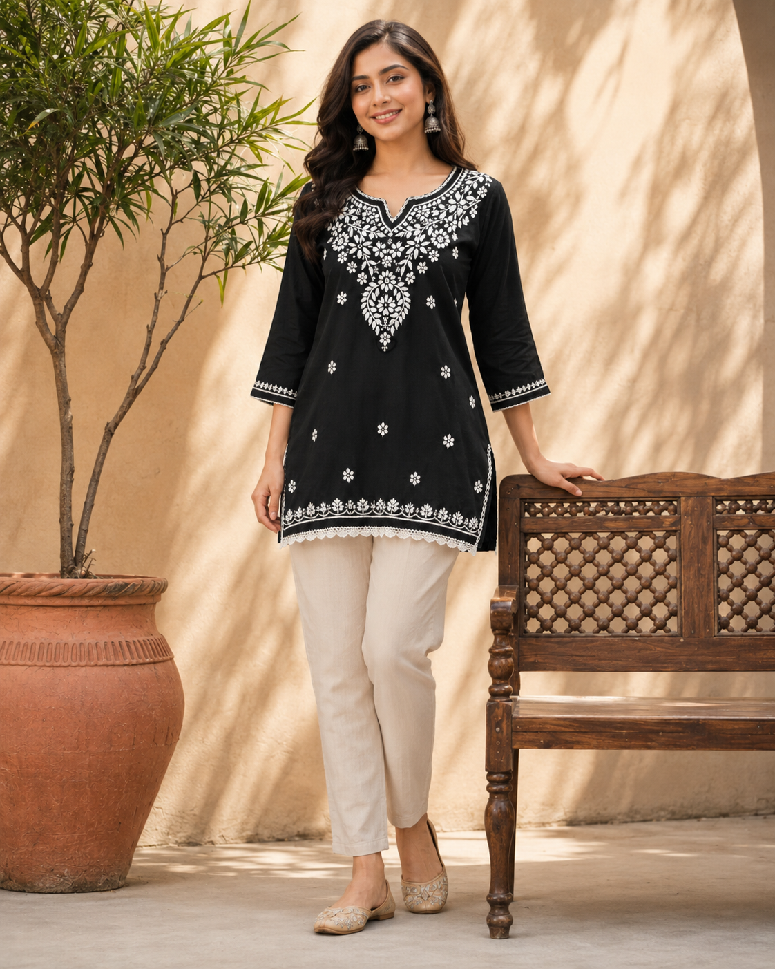 Elegant Black Modal Chikankari Short Kurti with Scalloped Hem | Lucknow Best Chikankari