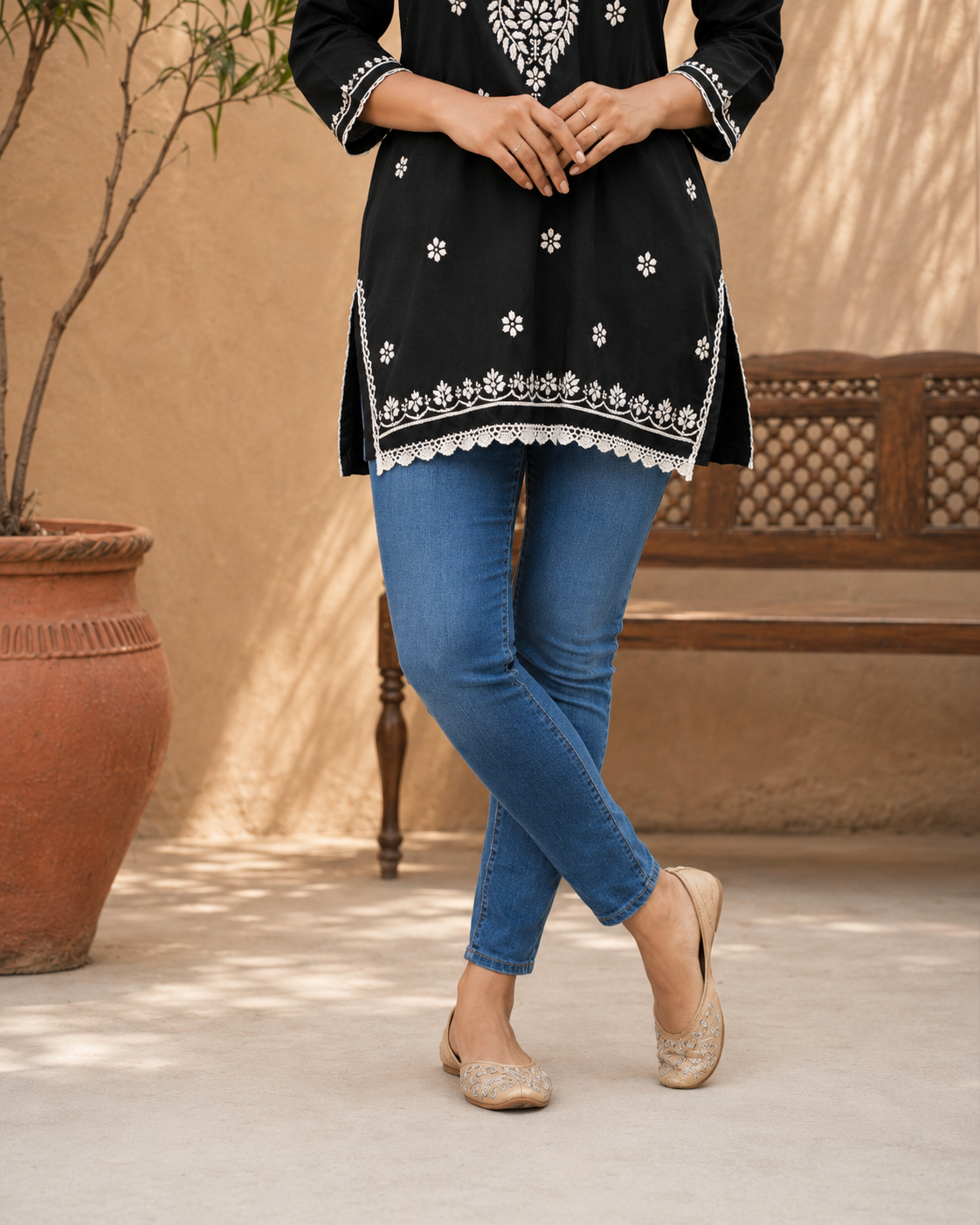 Elegant Black Modal Chikankari Short Kurti with Scalloped Hem | Lucknow Best Chikankari