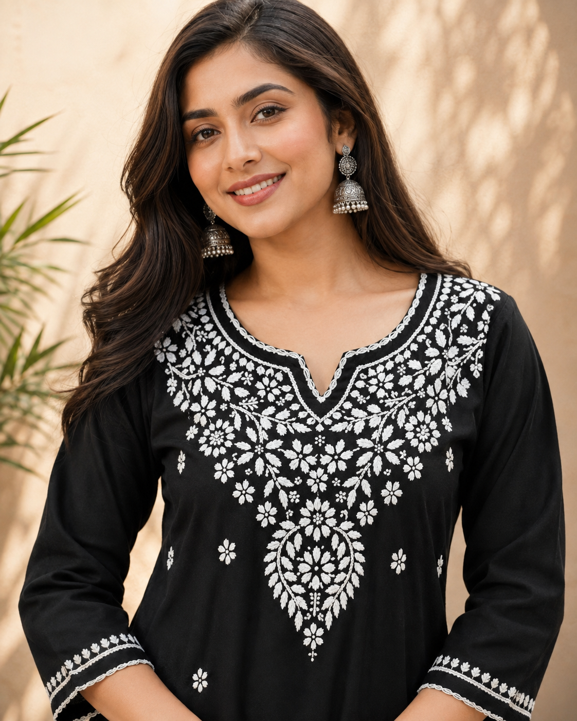 Elegant Black Modal Chikankari Short Kurti with Scalloped Hem | Lucknow Best Chikankari