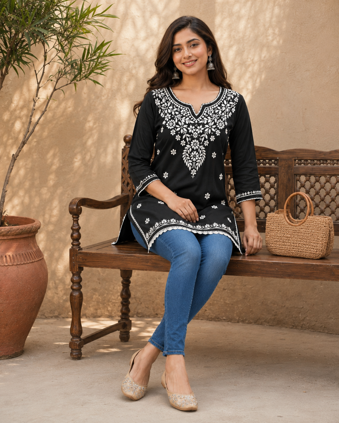 Elegant Black Modal Chikankari Short Kurti with Scalloped Hem | Lucknow Best Chikankari
