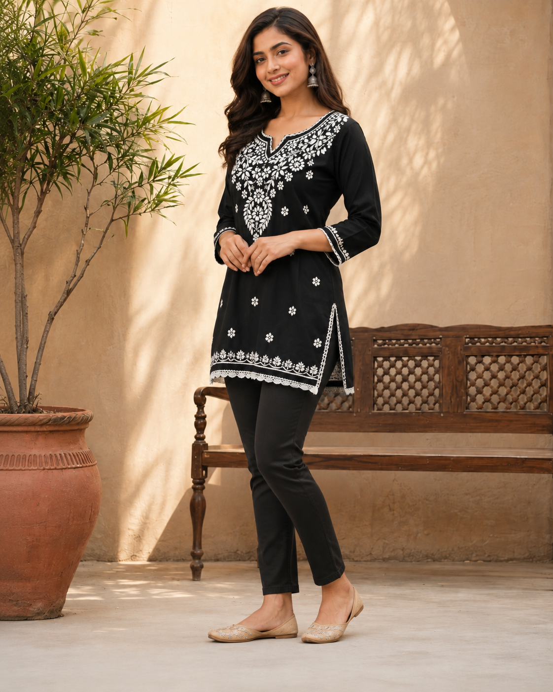 Elegant Black Modal Chikankari Short Kurti with Scalloped Hem | Lucknow Best Chikankari