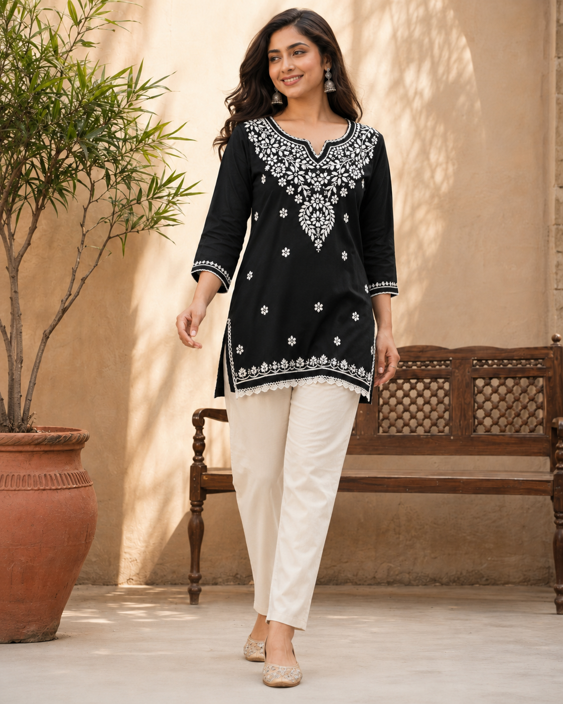 Elegant Black Modal Chikankari Short Kurti with Scalloped Hem | Lucknow Best Chikankari