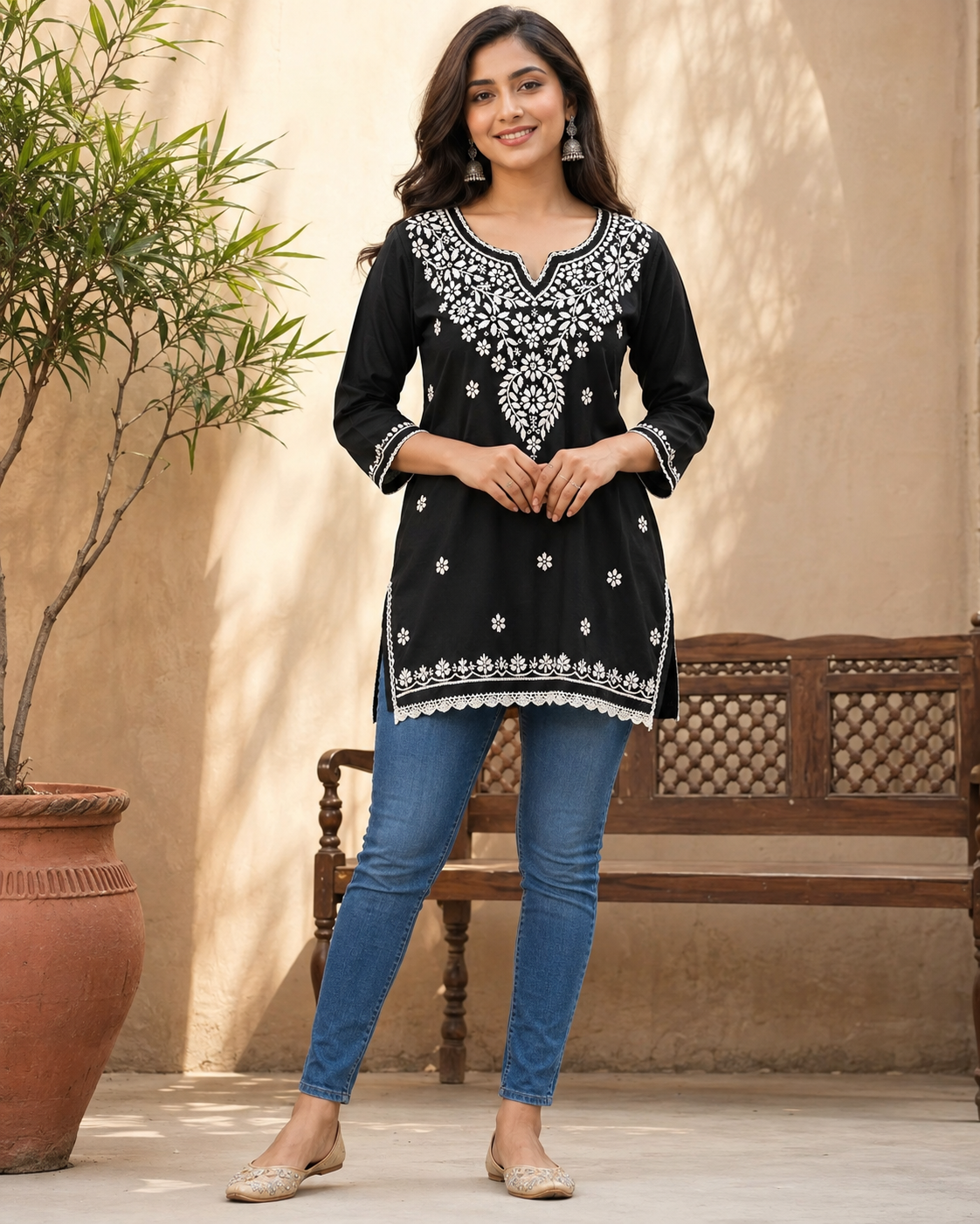 Elegant Black Modal Chikankari Short Kurti with Scalloped Hem | Lucknow Best Chikankari