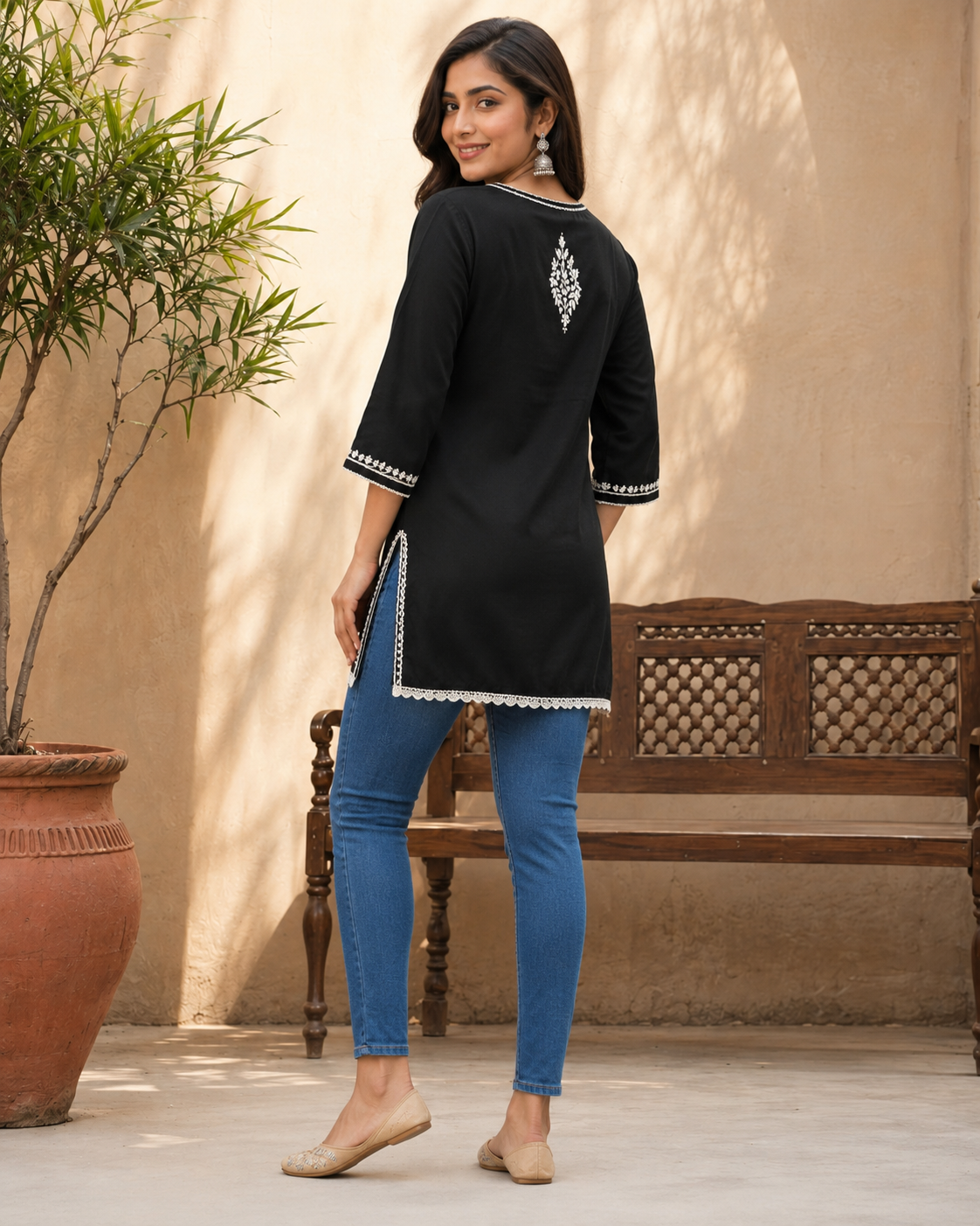 Elegant Black Modal Chikankari Short Kurti with Scalloped Hem | Lucknow Best Chikankari