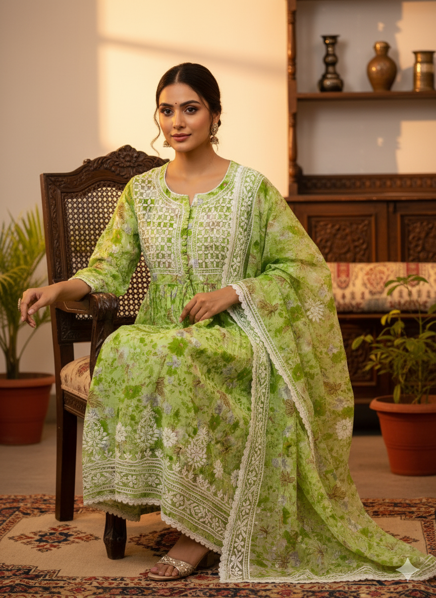“Elegant Green Floral Chikankari Kurti with Hand Embroidery – Lightweight & Stylish”