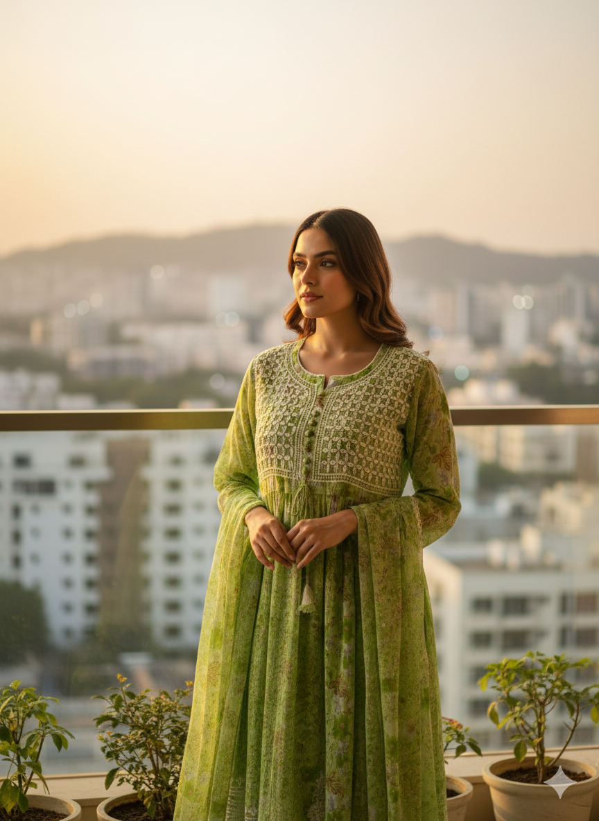 “Elegant Green Floral Chikankari Kurti with Hand Embroidery – Lightweight & Stylish”