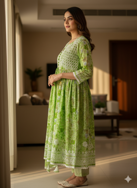 Green floral Chikankari kurti embroidery close up