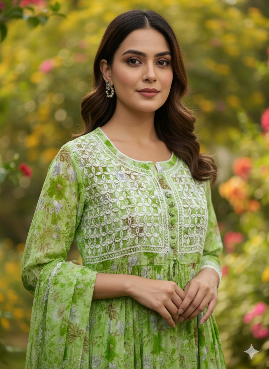 “Elegant Green Floral Chikankari Kurti with Hand Embroidery – Lightweight & Stylish”
