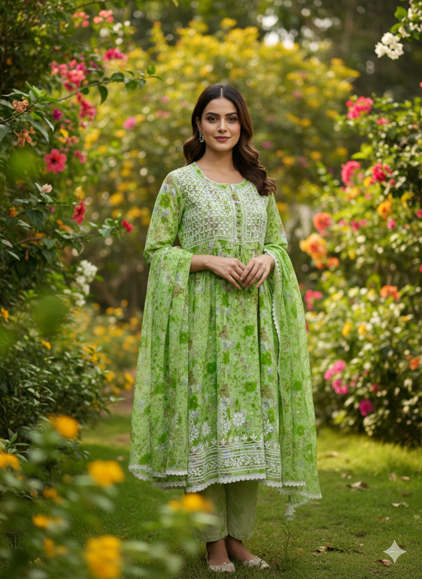 “Elegant Green Floral Chikankari Kurti with Hand Embroidery – Lightweight & Stylish”