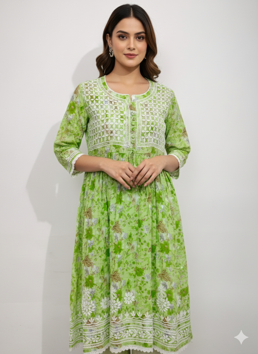 “Elegant Green Floral Chikankari Kurti with Hand Embroidery – Lightweight & Stylish”