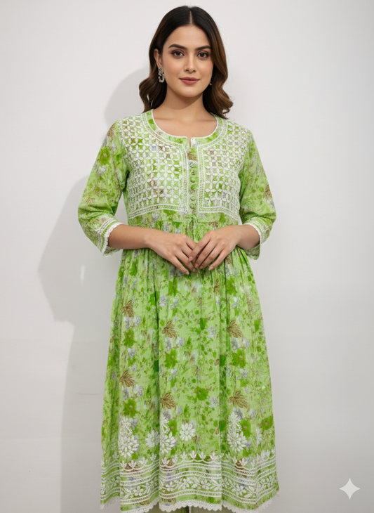 “Elegant Green Floral Chikankari Kurti with Hand Embroidery – Lightweight & Stylish”