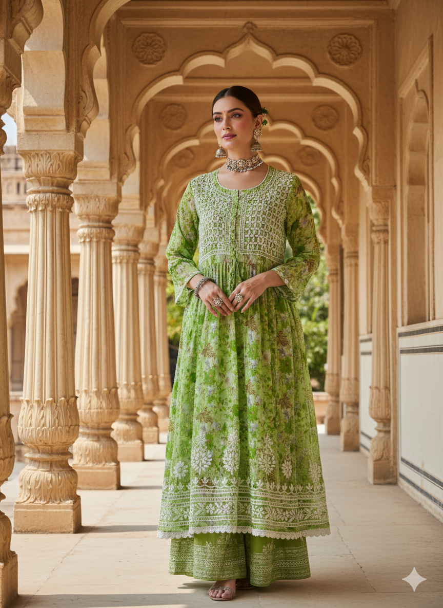 “Elegant Green Floral Chikankari Kurti with Hand Embroidery – Lightweight & Stylish”