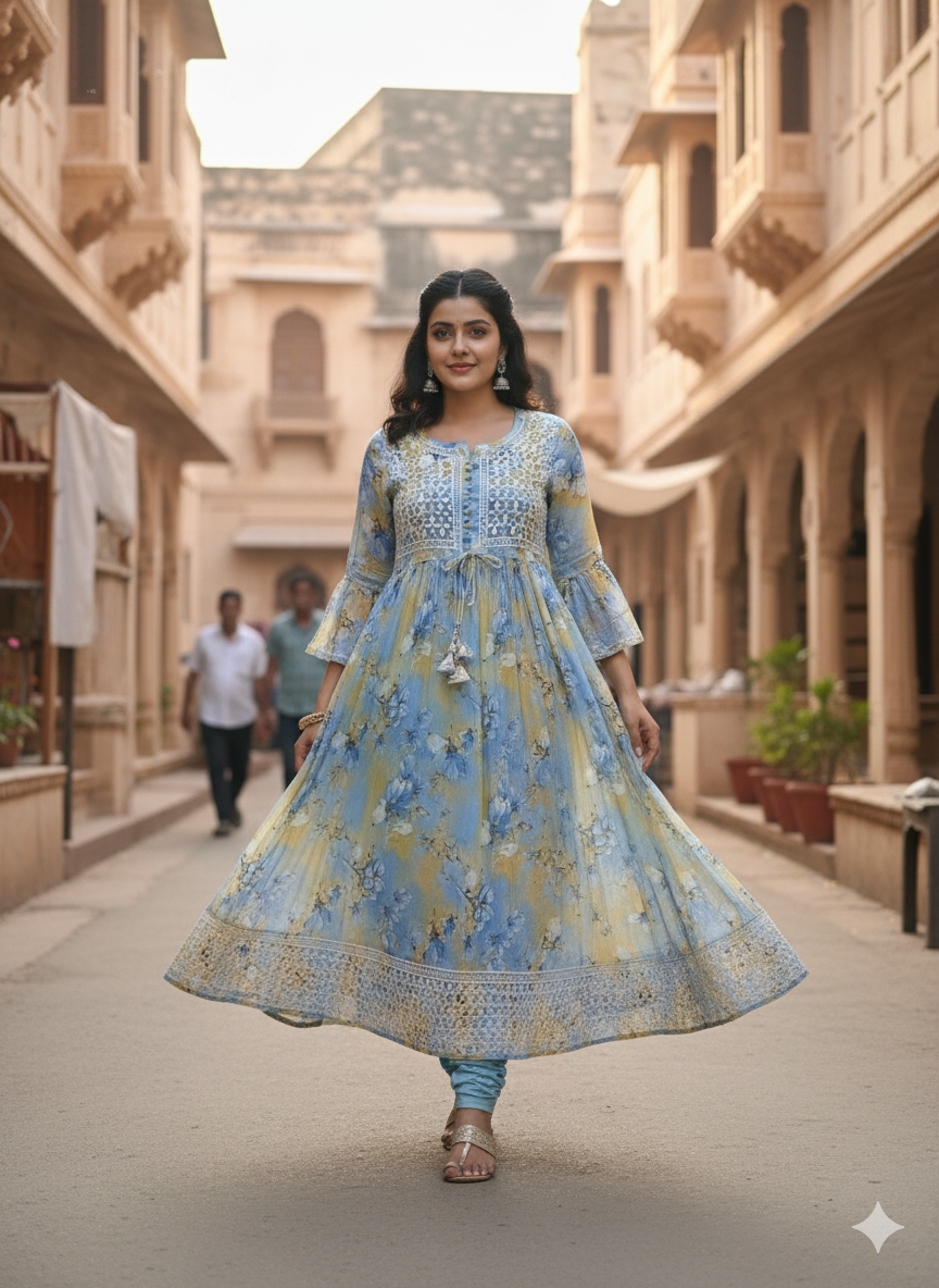 Elegant Pastel Blue & Yellow Chikankari Floral Kurti