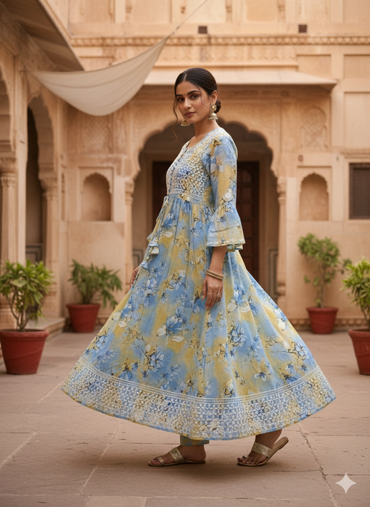 Elegant Pastel Blue & Yellow Chikankari Floral Kurti