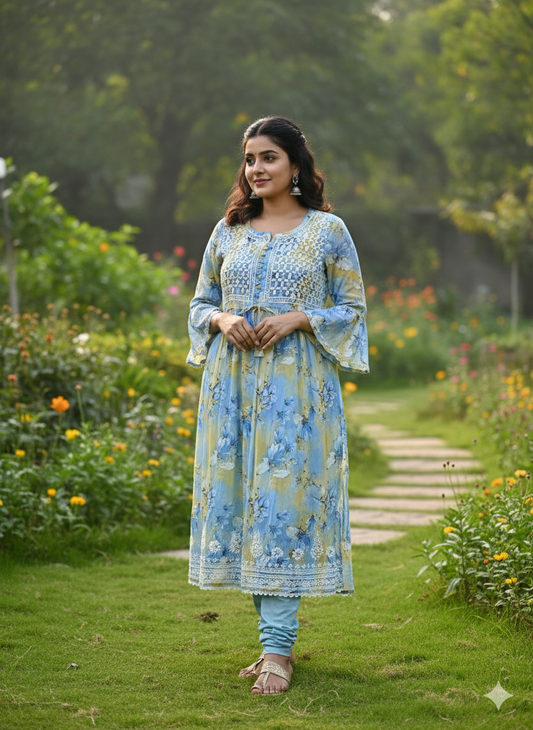 Pastel blue and yellow floral Chikankari kurti embroidery close up