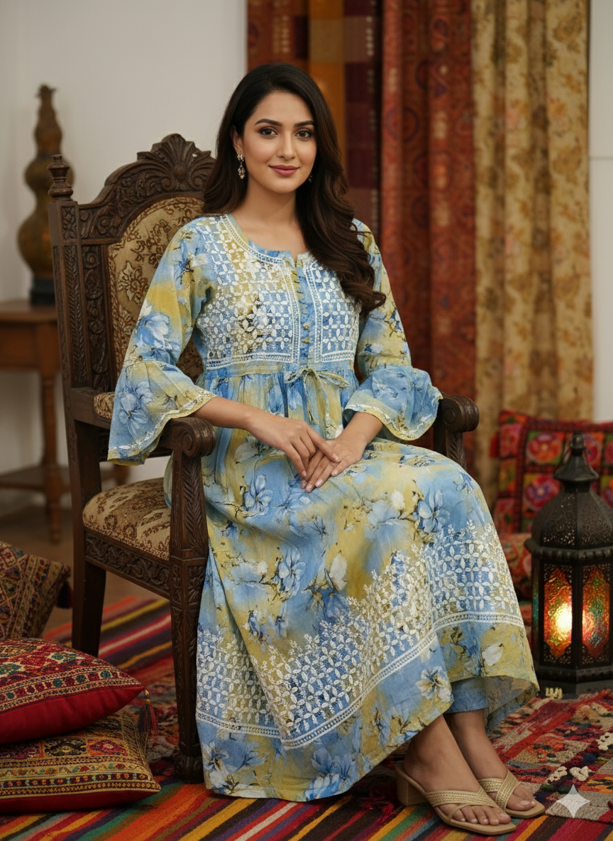 Elegant Pastel Blue & Yellow Chikankari Floral Kurti
